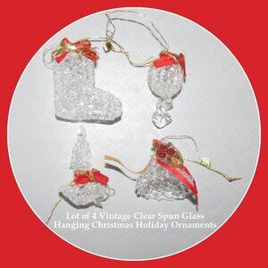 Lot of 4 Vintage Clear Spun Glass CrystalHanging Christmas Holiday Ornaments